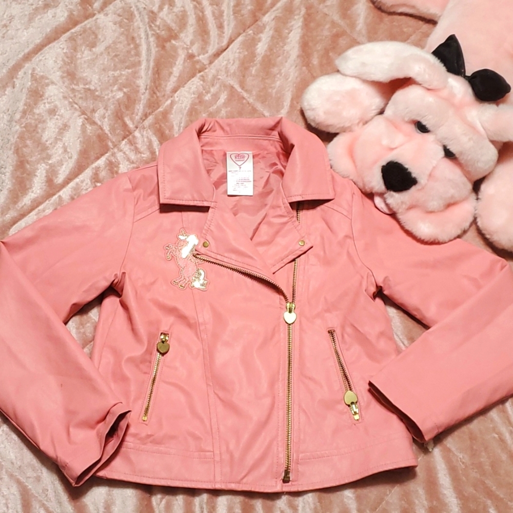 Girls Pink sequin Unicorn faux leather Jacket size 7